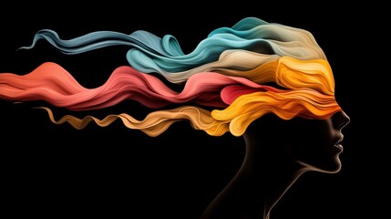 a swirling vortex of colors and light emanating from a silhouetted human head, representing the abst