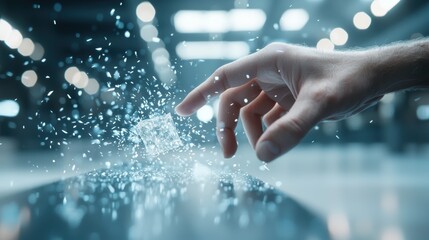 Wall Mural - a hand reaching out to touch a holographic object in a virtual space, blurring the lines between the