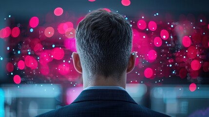 Wall Mural - a panoramic view of a high tech control room filled with analysts working on multiple screens displa