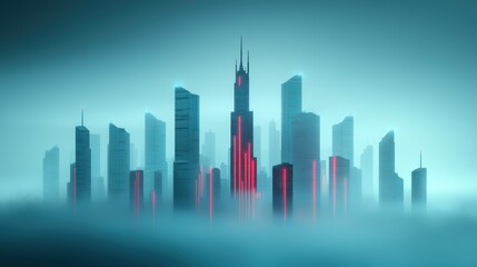 Wall Mural - a futuristic cityscape at night, with towering skyscrapers interconnected by glowing lines represent