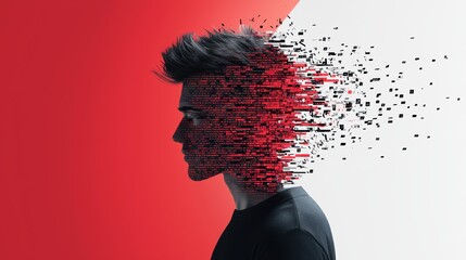 Wall Mural - an abstract representation of a human silhouette merging with a digital code stream, representing th