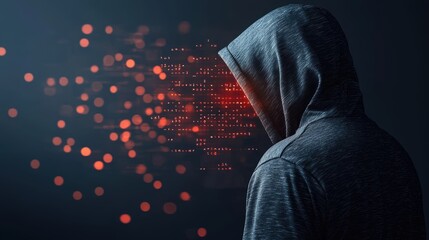 Wall Mural - a shadowy figure in a hooded jacket attempting to breach a digital firewall, represented by a glowin