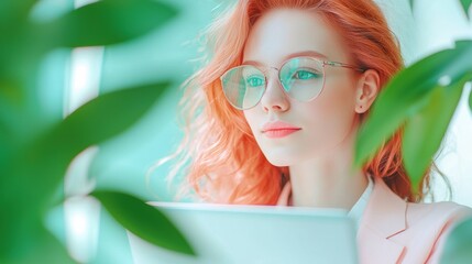 Wall Mural - a young female developer with brightly colored hair working intently on her laptop in a modern offic