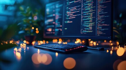 Wall Mural - a panoramic shot of a developer workstation with multiple monitors displaying different aspects of a