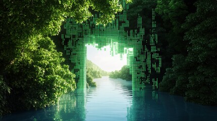 Wall Mural - a surreal image of code merging with natural elements, such as trees or water, suggesting the interc