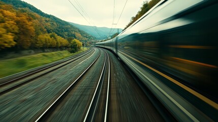 Fototapete - A close-up of a high-speed trains wheels in motion on the track, with the railway and surrounding landscape blurred due to the rapid movement