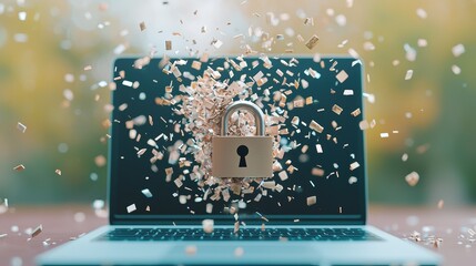 Wall Mural - a close up shot of a laptop screen with a padlock breaking apart, symbolizing the vulnerability of d