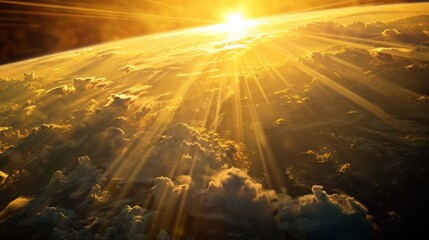 Fototapete - Sunlight breaking through clouds above Earth casting golden rays