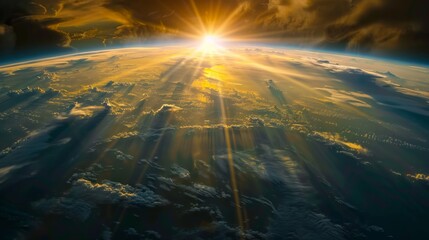 Poster - Sunlight breaking through clouds above Earth casting golden rays