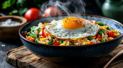 Wall Mural - A close-up of a steaming bowl of American fried rice with crispy fried egg on top, surrounded by colorful vegetables, served on a wooden surface