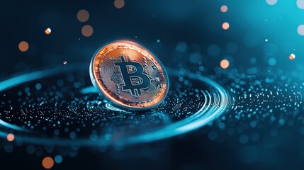 Wall Mural - a close up shot of a physical bitcoin coin with a holographic projection of its digital counterpart,