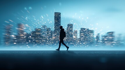 Wall Mural - A lone figure walking through a futuristic cityscape with augmented reality overlays and glowing data streams, showcasing the immersive and potentially isolating effects of technology.