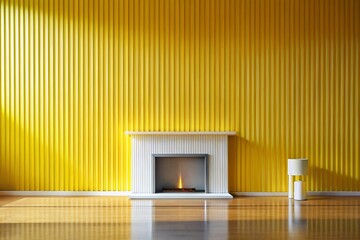 Wall Mural - Minimalist Yellow Studio Interior with Corrugated Wall & White Fireplace - Silhouette Photography