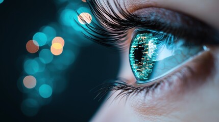 A human eye superimposed on a background of flowing binary code, representing the concept of data analysis and interpretation.