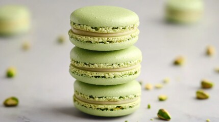 Leinwandbilder - A close-up of green pistachio macarons, stacked in a neat tower on a light grey background, with a few scattered pistachio nuts around them.