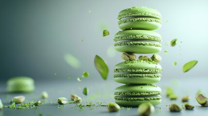 Leinwandbilder - A close-up of green pistachio macarons, stacked in a neat tower on a light grey background, with a few scattered pistachio nuts around them.