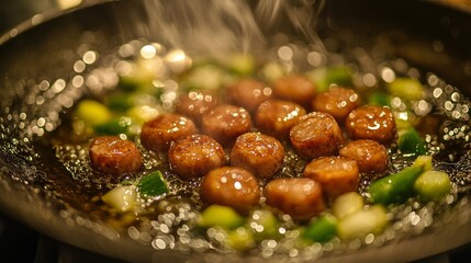 A close-up of sausages being browned in a frying pan, surrounded by cooking oil and vegetables, with a light reflection of steam in the background