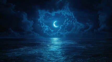 a serene crescent moon illuminates a dark blue ocean under a cloudy night sky. ideal for relaxation,
