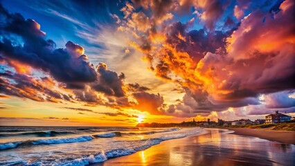 Wall Mural - Narragansett Town Beach Sunset: Vibrant Colors & Cloudy Sky - Stock Photo