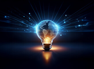 Wall Mural - a glowing light bulb reveals a digital world map, surrounded by radiating light streams symbolizing 