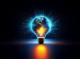 Wall Mural - a glowing lightbulb, containing a digital earth, radiates energy. the image symbolizes global innova