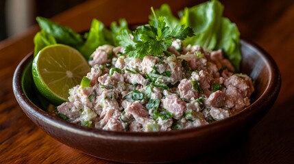 Wall Mural - A delicious bowl of Thai Larb salad, made with minced pork, fresh herbs, and lime, served with a side of rice and showcasing the zesty and spicy flavors of the dish