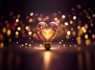 Poster - A glowing heart-shaped lightbulb illuminates a dark background speckled with warm bokeh lights.  It symbolizes love, hope, and inspiration.