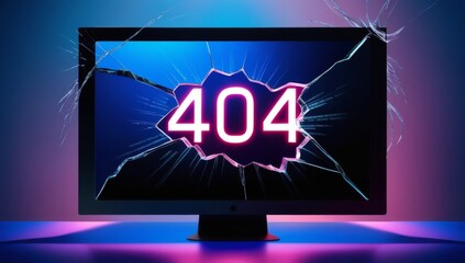 404 error message displayed on a cracked neon digital screen in futuristic dark background. Perfect for website maintenance alerts, cyber security visuals