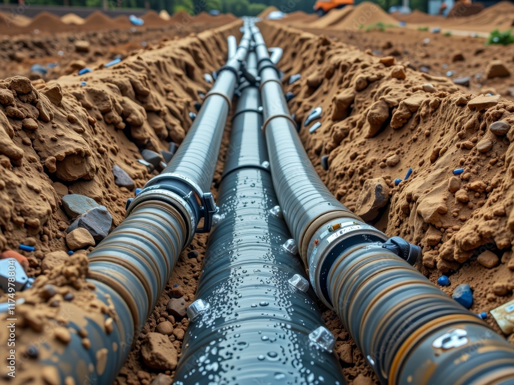 Underground Cable Installation Corrugated Pipes in Trench Construction ...