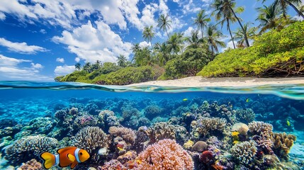 Wall Mural - tropical beach and coral reef fish underwater