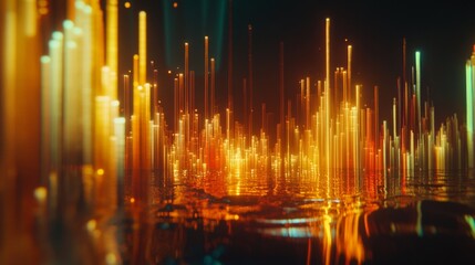 Leinwandbilder - A futuristic, D financial bar graph with tall, glowing bars, highlighting the rise of stock values in a digital space filled with soft reflections