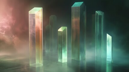 Leinwandbilder - A futuristic, D financial bar graph with tall, glowing bars, highlighting the rise of stock values in a digital space filled with soft reflections