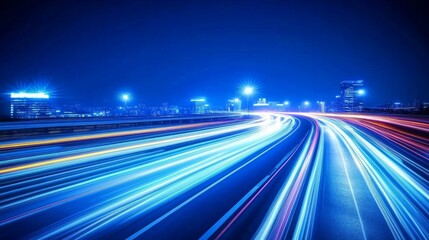 Fototapete - A futuristic cityscape with streaking lights and glowing lines stretching across buildings, symbolizing high-speed light travel within an advanced urban setting