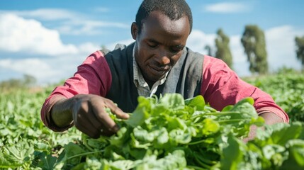 Poster - A man examining radish leaves for quality, his hands brushing