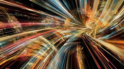 Poster - A futuristic cityscape with streaking lights and glowing lines stretching across buildings, symbolizing high-speed light travel within an advanced urban setting