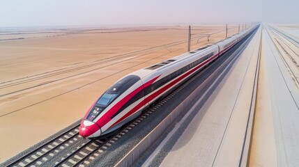Poster - A high-speed train at full speed on a wide-open track, surrounded by empty fields and a clear horizon, emphasizing the train's swift motion