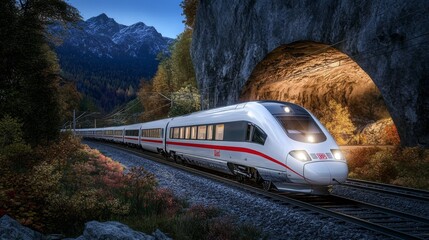 Fototapete - A high-speed train passing through a mountain tunnel, with its headlights bright against the darkness and the rocky landscape in the background