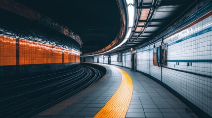 Poster - A long perspective shot of an empty subway tunnel, with illuminated track rails and smooth, curved walls, capturing the quiet and emptiness of the space