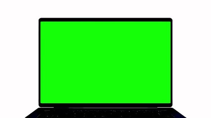laptop mockup with green screen 3d render computer chroma key lap top front view motion graphics element on white background opens zoom in intro graphic video monitor