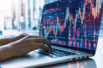 Businessman analyzing online stock market trends using laptop on clean white background