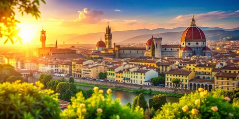 Wall Mural - Panoramic Florence Sunrise: Sunny Summer Morning Bokeh Cityscape