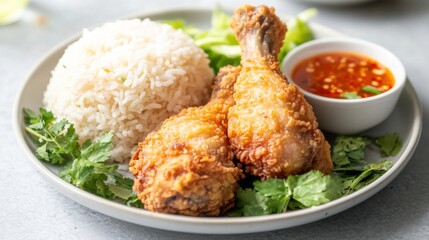 Wall Mural - A plate of perfectly fried chicken with a crisp exterior, served with aromatic rice, fresh herbs, and a small bowl of dipping sauce, all set on a simple plate