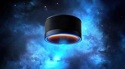 Wall Mural - Futuristic speaker levitating in space, glowing lights.