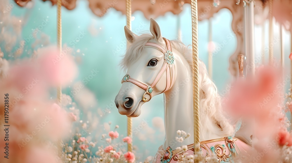 Carousel Pink Roses Vintage carousel horse surrounded by blooming pink roses, perfect for ...