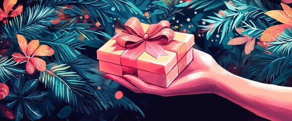 Poster - Hand holding a gift box with a pink ribbon surrounded by tropical leaves.