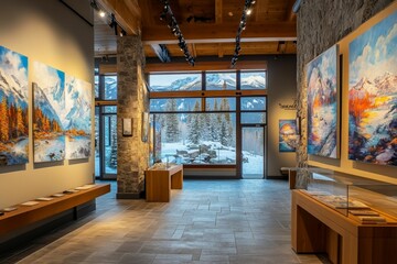 Poster - Gallery interior, artwork, snowy mountain view.