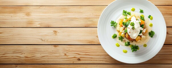 Wall Mural - Fresh Healthy Dish with Poached Egg, Vegetables and Green Sauce on Wooden Table