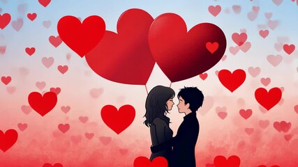 Wall Mural - Couple is hugging in a red heart filled background. Concept of love and affection