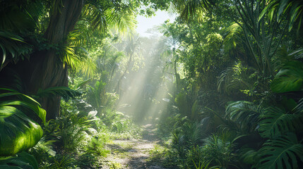 Wall Mural - A forest path with sunlight shining through the trees