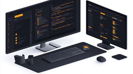 Modern Workstation with Dual Monitors Displaying Data Analytics Dashboards